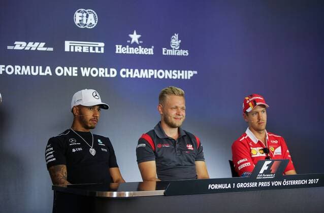 FORMULA 1 - GP of Austria 2017 SPIELBERG,AUSTRIA,06.JUL.17 - MOTORSPORTS, FORMULA 1 - Grand Prix of Austria, Red Bull Ring, press conference PK Pressekonferenz Image shows Lewis Hamilton (GBR Mercedes), Kevin Magnussen (DEN Haas) and Sebastian Vettel (GER Ferrari). GEPAxpictures xDanielxGoetzhaber