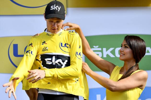 British Chris Froome of Team Sky celebrates on the podium in the yellow jersey of leader in the overall ranking after the sixth stage of the 104th edition of the Tour de France cycling race, 216 km from Vesoul to Troyes, France, Thursday 06 July 2017. This year s Tour de France takes place from July first to July 23rd. DIRKxWAEM  x05127515x
