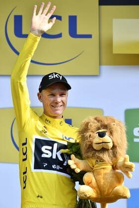 British Chris Froome of Team Sky celebrates on the podium in the yellow jersey of leader in the overall ranking after the sixth stage of the 104th edition of the Tour de France cycling race, 216 km from Vesoul to Troyes, France, Thursday 06 July 2017. This year s Tour de France takes place from July first to July 23rd. DIRKxWAEM  x05127552x
