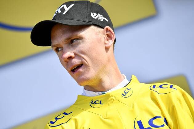 British Chris Froome of Team Sky celebrates on the podium in the yellow jersey of leader in the overall ranking after the sixth stage of the 104th edition of the Tour de France cycling race, 216 km from Vesoul to Troyes, France, Thursday 06 July 2017. This year s Tour de France takes place from July first to July 23rd. DIRKxWAEM  x05127555x