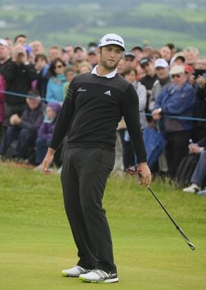 July 6th 2017, Portstewart Golf Club, Portstewart, Northern Ireland; Dubai Duty Free Irish Open Golf Championship; Day1; John Rahm (ESP) reacts after missing his putt on the 18th xNigelxCookex  ActionPlus11898444
