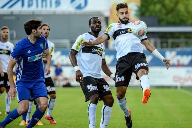SOCCER - UEFA EL quali, Altach vs Chikhura ALTACH,AUSTRIA,06.JUL.17 - SOCCER - UEFA Europa League qualification, SCR Altach vs FC Chikhura Sachkhere. Image shows Tornike Gorgiashvili (Chikhura), Louis Clement Ngwat Mahop and Lucas Galvao da Costa Souza (Altach). GEPAxpictures xOliverxLerch