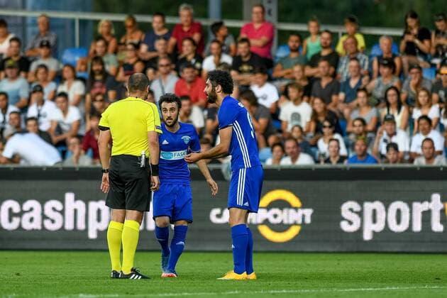 SOCCER - UEFA EL quali, Altach vs Chikhura ALTACH,AUSTRIA,06.JUL.17 - SOCCER - UEFA Europa League qualification, SCR Altach vs FC Chikhura Sachkhere. Image shows referee Veaceslav Banari (MDA), Mishiko Sardalishvili and Nikoloz Gelashvili (Chikhura). GEPAxpictures xOliverxLerch