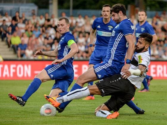 SOCCER - UEFA EL quali, Altach vs Chikhura ALTACH,AUSTRIA,06.JUL.17 - SOCCER - UEFA Europa League qualification, SCR Altach vs FC Chikhura Sachkhere. Image shows Shota Kashia, Tornike Gorgiashvili (Chikhura) and Lucas Galvao da Costa Souza (Altach). GEPAxpictures xOliverxLerch