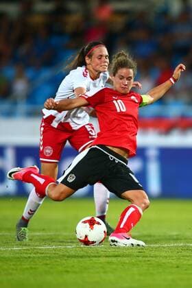 SOCCER - AUT vs DEN, test match WIENER NEUSTADT,AUSTRIA,06.JUL.17 - WOMEN SOCCER - OEFB, Oesterreichischer Fussball-Bund, Austria vs Denmark, test match. Image shows Simone Boye Sorensen (DEN) and Nina Burger (AUT). GEPAxpictures xCh.xKelemen