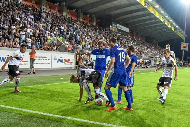 SOCCER - UEFA EL quali, Altach vs Chikhura ALTACH,AUSTRIA,06.JUL.17 - SOCCER - UEFA Europa League qualification, SCR Altach vs FC Chikhura Sachkhere. Image shows Kristijan Dobras, Emanuel Sakic (Altach), Lasha Chikvaidze, Levan Kakubava, Mishiko Sardalishvili (Chikhura), Simon Piesinger and Stefan Nutz (Altach). GEPAxpictures xOliverxLerch