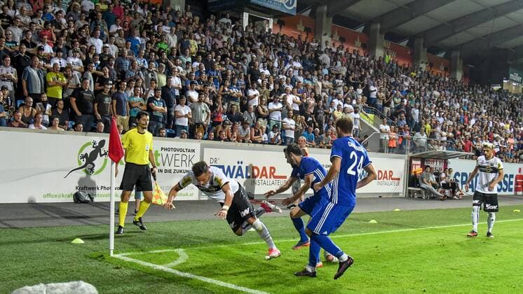 SOCCER - UEFA EL quali, Altach vs Chikhura ALTACH,AUSTRIA,06.JUL.17 - SOCCER - UEFA Europa League qualification, SCR Altach vs FC Chikhura Sachkhere. Image shows Kristijan Dobras (Altach), Mishiko Sardalishvili, Lasha Chikvaidze (Chikhura) and Emanuel Sakic (Altach). GEPAxpictures xOliverxLerch