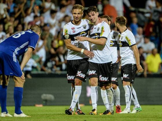 SOCCER - UEFA EL quali, Altach vs Chikhura ALTACH,AUSTRIA,06.JUL.17 - SOCCER - UEFA Europa League qualification, SCR Altach vs FC Chikhura Sachkhere. Image shows the rejoicing of Philipp Netzer and Benedikt Zech (Altach). GEPAxpictures xOliverxLerch