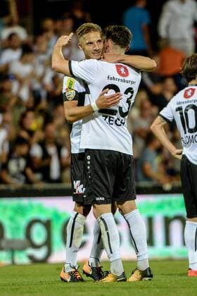 SOCCER - UEFA EL quali, Altach vs Chikhura ALTACH,AUSTRIA,06.JUL.17 - SOCCER - UEFA Europa League qualification, SCR Altach vs FC Chikhura Sachkhere. Image shows the rejoicing of Philipp Netzer and Benedikt Zech (Altach). GEPAxpictures xOliverxLerch