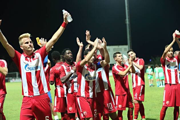 Hibernians Stadium, Paola, Malta UEFA Europa League 2017 2018 First Qualifying Round, Second Leg Floriana FC v FK Crvena Zvezda FK Crvena Zvezda (Red Star Belgrade) players salute their supporters after the UEFA Europa League, first qualifying round, second leg match against Floriana FC at the Hibernians Stadium in Paola, Malta on 06 July, 2017. UEFA Europa League 2017 2018 - Floriana FC v FK Crvena Zvezda UEL_1QR_2LG_FLO_RSB