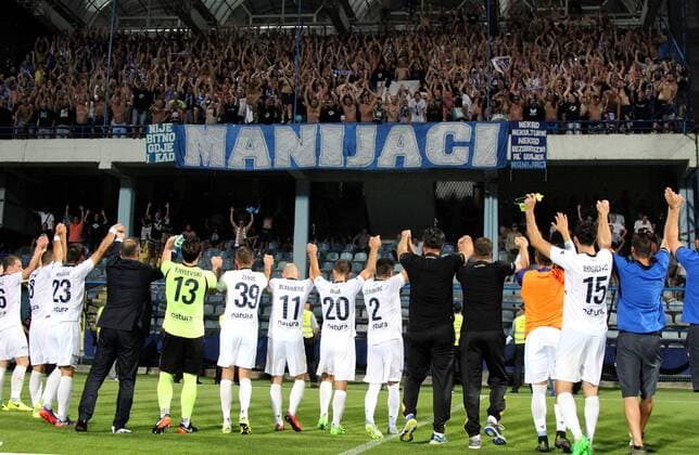 06.07.2017 Podgorica(Montenegro) FK Zeta-FK Zeljeznicar Sarajevo Europa League 1st leg qualifiers men s football FK Zeljeznicar players with their fans Maniacs celebrate going in next round :Str 