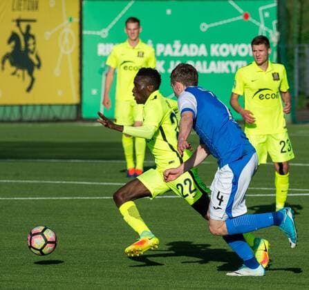 (170707) -- VILNIUS, July 7, 2017 -- Alma Wakili (L) of FK Trakai vies with Blair Alston of St. Johnstone during the UEFA Europa League first qualifying round second leg game between FK Trakai and St. Johnstone in Vilnius, Lithuania, on July 6, 2017. FK Trakai won 1-0. ) (SP)LITHUANIA-VILNIUS-SOCCER-EUROPA LEAGUE QUALIFIER-FK TRAKAI VS ST. JOHNSTONE AlfredasxPliadis 