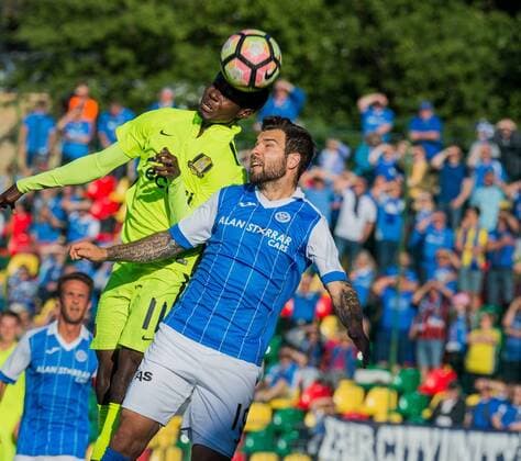 (170707) -- VILNIUS, July 7, 2017 -- Oscar Dorley (L) of FK Trakai vies with Richard Foster of St. Johnstone during the UEFA Europa League first qualifying round second leg game between FK Trakai and St. Johnstone in Vilnius, Lithuania, on July 6, 2017. FK Trakai won 1-0. ) (SP)LITHUANIA-VILNIUS-SOCCER-EUROPA LEAGUE QUALIFIER-FK TRAKAI VS ST. JOHNSTONE AlfredasxPliadis 