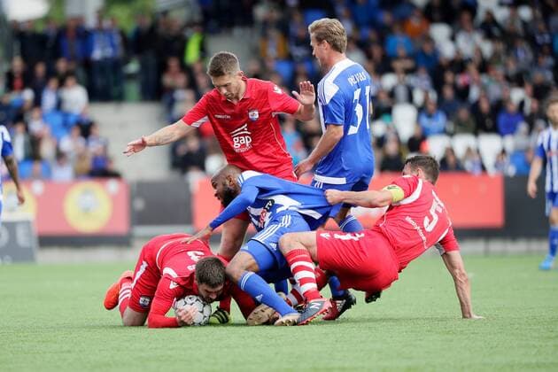 Ousman Jallow and Akseli Pelvas of HJK Helsinki and (reds from left) Kai Edwards, Danny Harrison and George Horan of Nomads FC during Europa League round 1 qualifying match HJK vs Connah s Quay Nomads FC at Telia 5G Stadium in Helsinki Finland on 6th July 2017. Matti Raivio All Over Press  MR016944