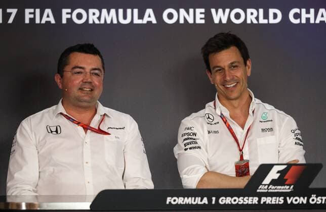 FORMULA 1 - GP of Austria 2017 SPIELBERG,AUSTRIA,07.JUL.17 - MOTORSPORTS, FORMULA 1 - Grand Prix of Austria, Red Bull Ring, press conference PK Pressekonferenz Image shows racing director Eric Boullier (McLaren Honda) and executive director Toto Wolff (Mercedes). GEPAxpictures xDanielxGoetzhaber