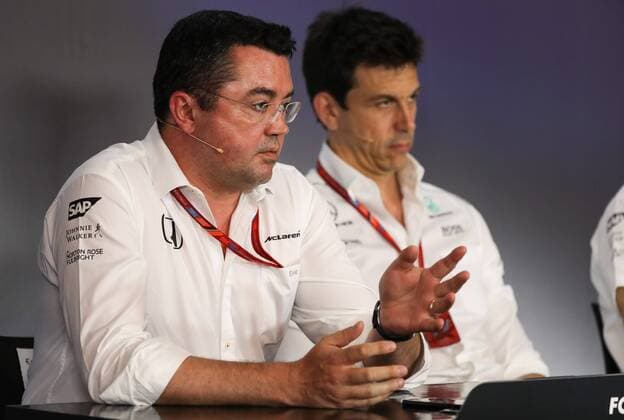 FORMULA 1 - GP of Austria 2017 SPIELBERG,AUSTRIA,07.JUL.17 - MOTORSPORTS, FORMULA 1 - Grand Prix of Austria, Red Bull Ring, press conference PK Pressekonferenz Image shows racing director Eric Boullier (McLaren Honda) and executive director Toto Wolff (Mercedes). GEPAxpictures xDanielxGoetzhaber