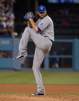 Kansas City Royals starting pitcher Jason Hammel delivers in the fifth inning against the Los Angeles Dodgers at Dodger Stadium in Los Angeles on July 7, 2017. The Dodgers defeated the Royals 4-1.  LAP2017070723 JIMxRUYMEN