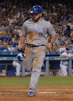 Kansas City Royals Mike Moustakis scores in the fourth inning against the Los Angeles Dodgers at Dodger Stadium in Los Angeles on July 7, 2017. The Dodgers defeated the Royals 4-1.  LAP2017070714 JIMxRUYMEN