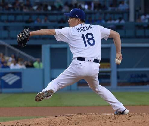 Los Angeles Dodgers starting pitcher Kenta Maeda delivers in the fourth inning against the Kansas City Royals at Dodger Stadium in Los Angeles on July 7, 2017. Maeda turned in five innings of one-run baseball before bequeathing a one-run lead to the bullpen. The Dodgers defeated the Royals 4-1.  LAP2017070721 JIMxRUYMEN