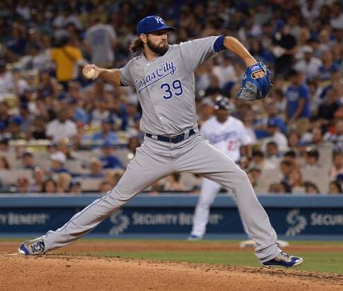 Kansas City Royals starting pitcher Jason Hammel delivers in the fifth inning against the Los Angeles Dodgers at Dodger Stadium in Los Angeles on July 7, 2017. The Dodgers defeated the Royals 4-1.  LAP2017070724 JIMxRUYMEN