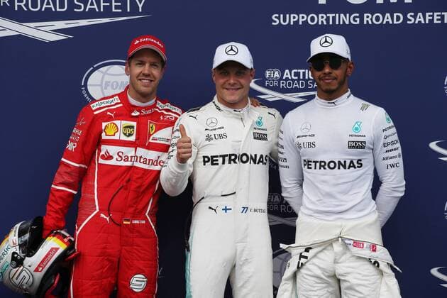 Austrian Grand Prix, Red Bull Ring 06 - 09 July 2017 08.07.2017- Qualifying Celebration Pole Valtteri Bottas (FIN) Mercedes AMG F1 W08, 2nd placeSebastian Vettel (GER) Scuderia Ferrari SF70H 3rd place Lewis Hamilton (GBR) Mercedes AMG F1 W08 