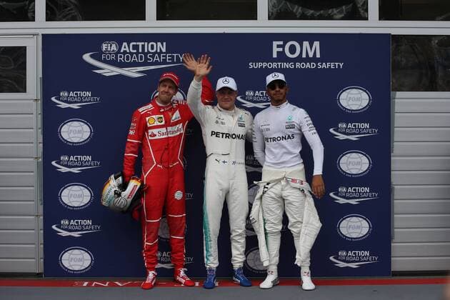 Austrian Grand Prix, Red Bull Ring 06 - 09 July 2017 08.07.2017- Qualifying Celebration Pole Valtteri Bottas (FIN) Mercedes AMG F1 W08, 2nd placeSebastian Vettel (GER) Scuderia Ferrari SF70H 3rd place Lewis Hamilton (GBR) Mercedes AMG F1 W08 