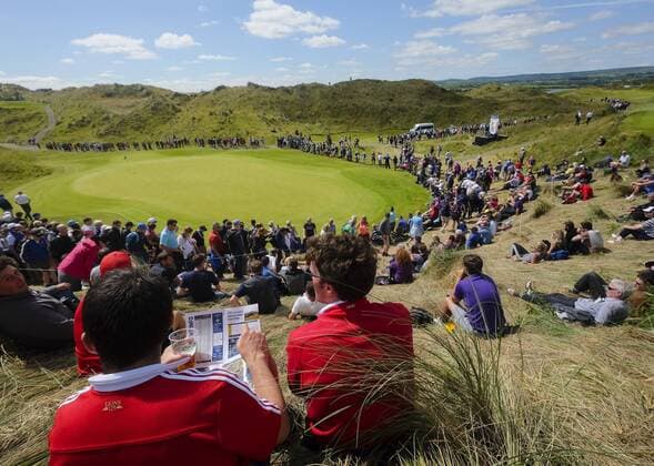 July 8th 2017, Portstewart Golf Club, Portstewart, Northern Ireland; Dubai Duty Free Irish Open Golf Championship, Day 3; Fans take in the sights over the 3rd green during the third round of the Dubai Duty Free Irish Open xNigelxCookex  ActionPlus11899002