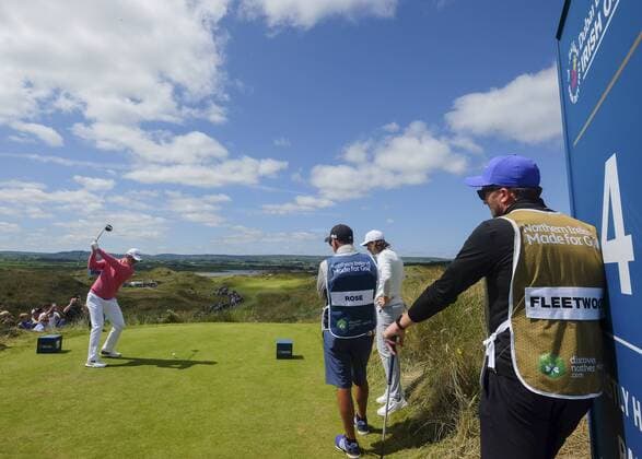 July 8th 2017, Portstewart Golf Club, Portstewart, Northern Ireland; Dubai Duty Free Irish Open Golf Championship, Day 3; Justin Rose (ENG) hits his tee shot on the 4th during the third round of the Dubai Duty Free Irish Open; Rose sitting on -13 at end of 3rd round xNigelxCookex  ActionPlus11899004