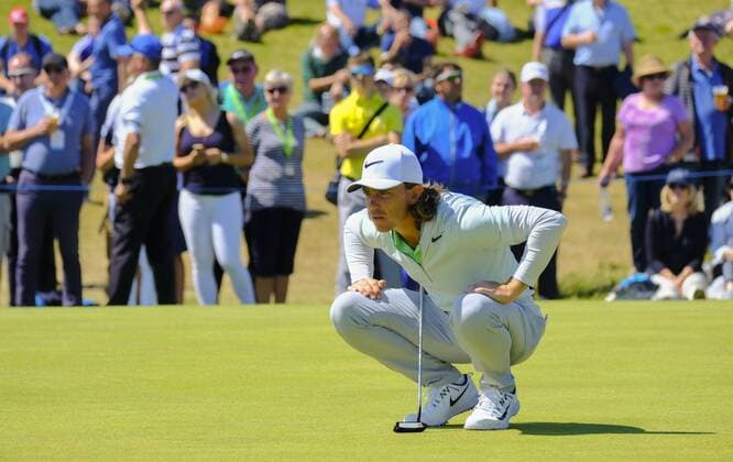 July 8th 2017, Portstewart Golf Club, Portstewart, Northern Ireland; Dubai Duty Free Irish Open Golf Championship, Day 3; Tommy Fleetwood (ENG) studies the green on the 16th during the third round of the Dubai Duty Free Irish Open xNigelxCookex  ActionPlus11898991