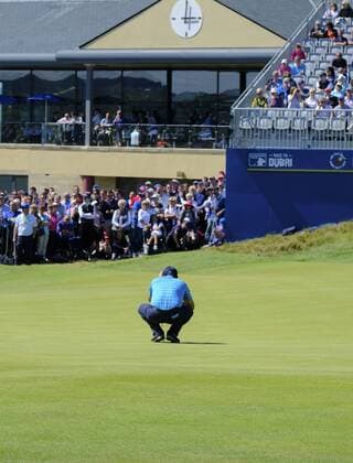 July 8th 2017, Portstewart Golf Club, Portstewart, Northern Ireland; Dubai Duty Free Irish Open Golf Championship, Day 3; Padraig Harrington (IRL) lines up his putt on the 18th green in front of the grandstand during the third round of the Dubai Duty Free Irish Open xNigelxCookex  ActionPlus11898995