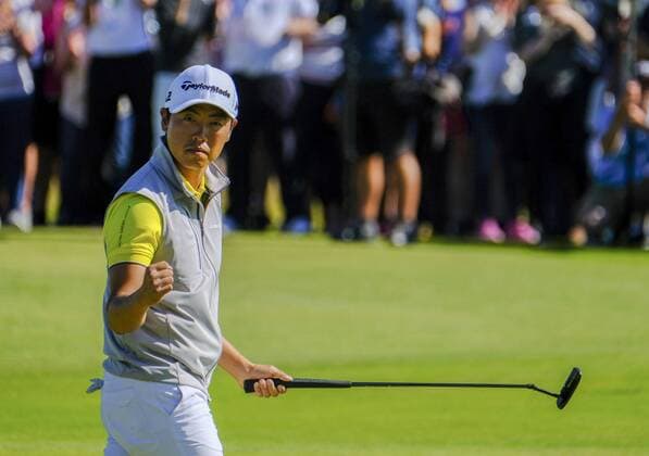 July 8th 2017, Portstewart Golf Club, Portstewart, Northern Ireland; Dubai Duty Free Irish Open Golf Championship, Day 3; Daniel Im (USA) celebrates his level par putt at the end of his third round match as he takes the joint lead into round 4 xNigelxCookex  ActionPlus11899115