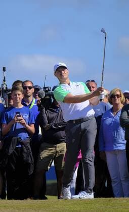 July 8th 2017, Portstewart Golf Club, Portstewart, Northern Ireland; Dubai Duty Free Irish Open Golf Championship, Day 3; Oliver Fisher (ENG) watches his shot make the green on the 18th during the third round of the Dubai Duty Free Irish Open xNigelxCookex  ActionPlus11899099