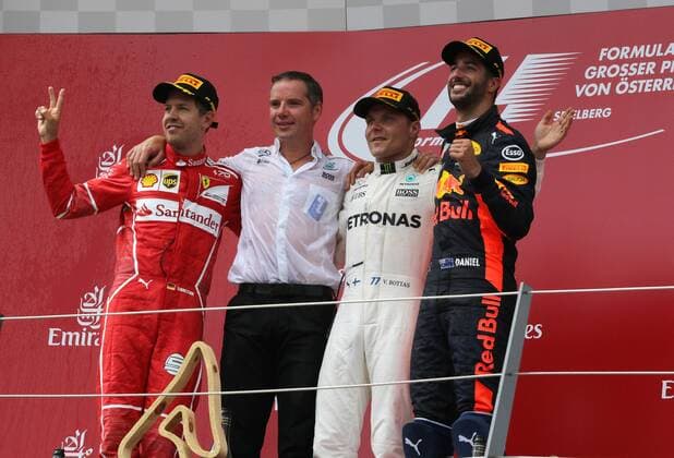Podium, Sebastian Vettel, Valtteri Bottas; Daniel Ricciardo, formula 1 GP, Austria in Spielberg, 09.07.2017 Photo:mspb Thomas Melzer Podium, Sebastian Vettel, Valtteri Bottas; Daniel Ricciardo, formula 1 Austria