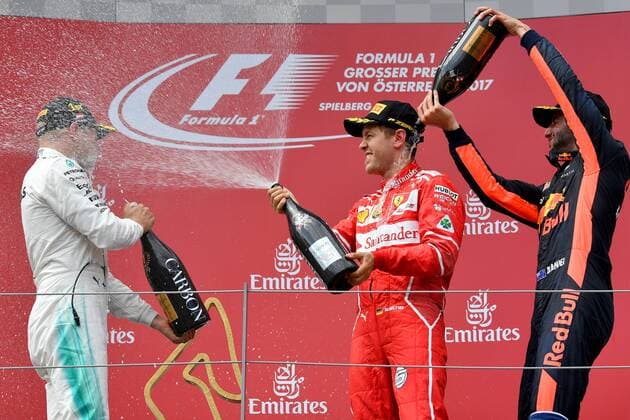 Bilder des Tages - SPORT v.li:Valtteri BOTTAS (FIN,Mercedes AMG Petronas Motorsport),Sebastian VETTEL,GER (Scuderia Ferrari),Daniel Ricciardo (AUS),Red Bull Racing,Jubel,Freude,Begeisterung, Siegerehrung,Champagnerdusche, Aktion. Formel 1:GP von Oesterreich, Red Bull Ring Zeltweg,Spielberg,Saison 2017,am 09.07.2017.