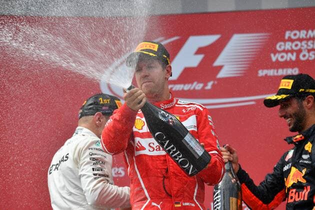 Sebastian VETTEL,GER (Scuderia Ferrari),re:Daniel Ricciardo (AUS),Red Bull Racing,li:Valtteri BOTTAS (FIN,Mercedes AMG Petronas Motorsport),Jubel,Freude,Begeisterung, Siegerehrung,Champagnerdusche, Aktion. Formel 1:GP von Oesterreich, Red Bull Ring Zeltweg,Spielberg,Saison 2017,am 09.07.2017.