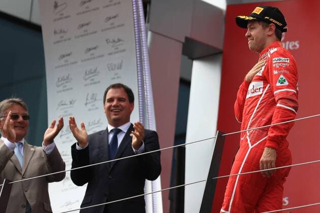 July 9th 2017, Red Bull Ring, Spielberg, Austria; Formula One Grand Prix, Race Day; Sebastian Vettel - Scuderia Ferrari SF70H on th epodium as he comes 2nd xOctanex  ActionPlus11899495