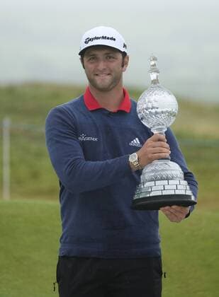 July 9th 2017, Portstewart Golf Club, Portstewart, Northern Ireland; Dubai Duty Free Irish Open Golf Championship, Day 4; Jon Rahm (ESP) celebrates with the trophy after winning the Dubai Duty Free Irish Open Golf Championship with a score of 24 under xNigelxCookex  ActionPlus11899681