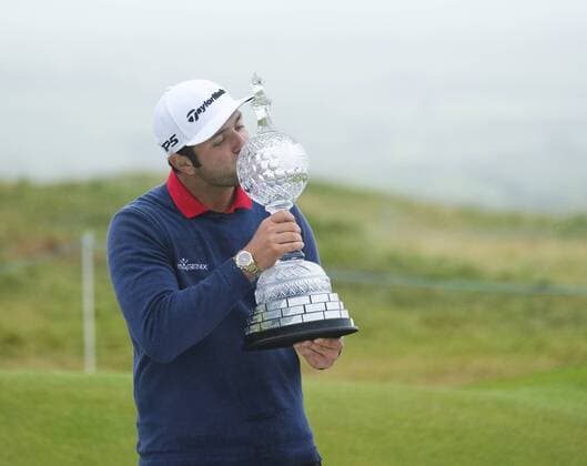 July 9th 2017, Portstewart Golf Club, Portstewart, Northern Ireland; Dubai Duty Free Irish Open Golf Championship, Day 4; Jon Rahm (ESP) kisses the trophy after winning the Dubai Duty Free Irish Open Golf Championship with a score of 24 under xNigelxCookex  ActionPlus11899682