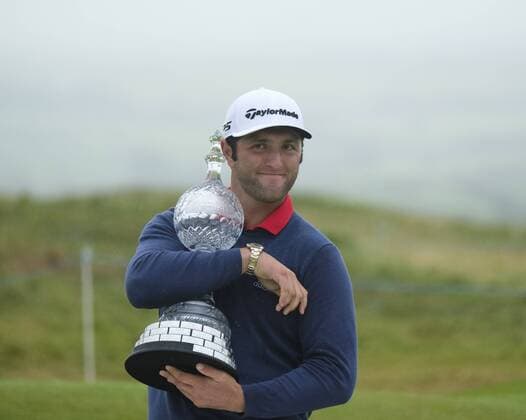 July 9th 2017, Portstewart Golf Club, Portstewart, Northern Ireland; Dubai Duty Free Irish Open Golf Championship, Day 4; Jon Rahm (ESP) celebrates with the trophy after winning the Dubai Duty Free Irish Open Golf Championship with a score of 24 under xNigelxCookex  ActionPlus11899684
