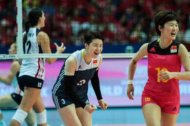 Players of China celebrate after scoring a goal against the United States during the Pool B1-Group 1 match of the FIVB World Grand Prix 2017 in Kunshan city, east China s Jiangsu province, 9 July 2017. USA defeated China 3-0 after the Pool B1-Group 1 match of the FIVB World Grand Prix 2017 in Kunshan city, east China s Jiangsu province, 9 July 2017. China beats Russia 3-2 at 2017 FIVB World Grand Prix  20170709_30412
