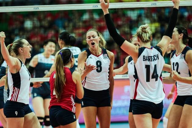 Players of the United States celebrate after scoring a goal against China during the Pool B1-Group 1 match of the FIVB World Grand Prix 2017 in Kunshan city, east China s Jiangsu province, 9 July 2017. USA defeated China 3-0 after the Pool B1-Group 1 match of the FIVB World Grand Prix 2017 in Kunshan city, east China s Jiangsu province, 9 July 2017. China beats Russia 3-2 at 2017 FIVB World Grand Prix  20170709_30411