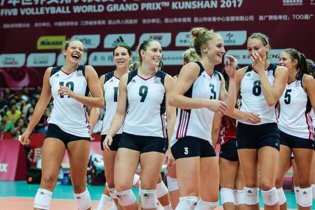 Players of the United States celebrate after defeating China during the Pool B1-Group 1 match of the FIVB World Grand Prix 2017 in Kunshan city, east China s Jiangsu province, 9 July 2017. USA defeated China 3-0 after the Pool B1-Group 1 match of the FIVB World Grand Prix 2017 in Kunshan city, east China s Jiangsu province, 9 July 2017. China beats Russia 3-2 at 2017 FIVB World Grand Prix  20170710_00915