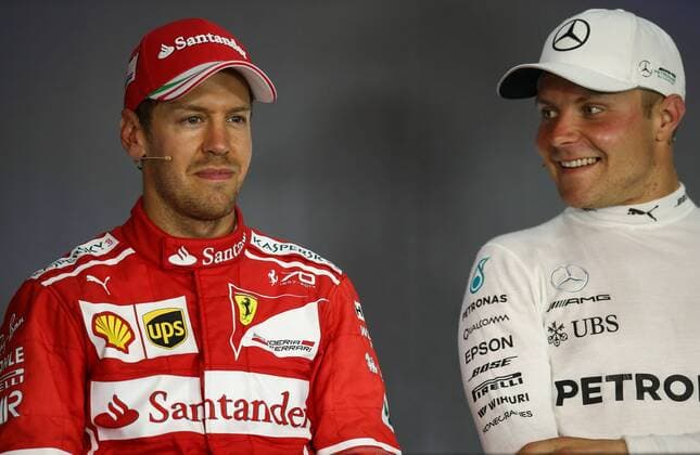FORMULA 1 - GP of Austria 2017 SPIELBERG,AUSTRIA,09.JUL.17 - MOTORSPORTS, FORMULA 1 - Grand Prix of Austria, Red Bull Ring, press conference PK Pressekonferenz Image shows Sebastian Vettel (GER Ferrari) and Valtteri Bottas (FIN Mercedes). GEPAxpictures xDanielxGoetzhaber