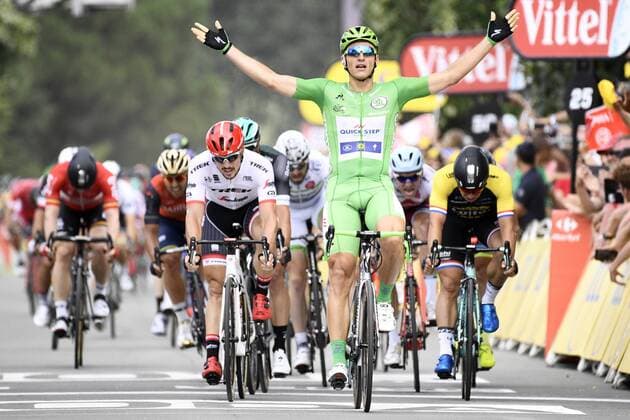 German Marcel Kittel of Quick-Step Floors celebrates as he crosses the finish line to win the tenth stage of the 104th edition of the Tour de France cycling race, 178km from Perigueux to Bergerac, France, Tuesday 11 July 2017. This year s Tour de France takes place from July first to July 23rd. YORICKxJANSENS  x05129709x