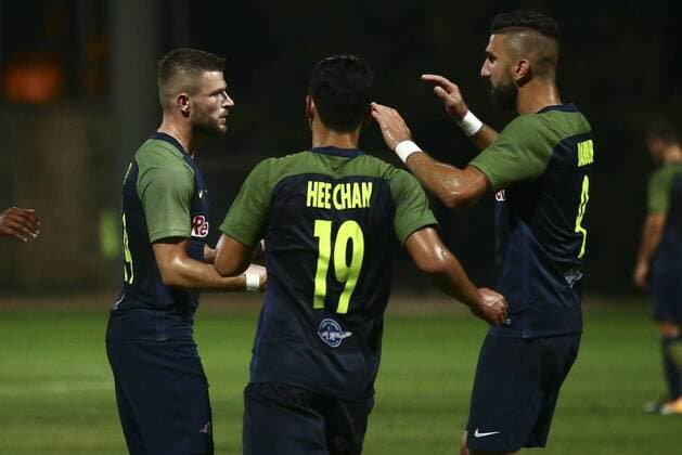 SOCCER - CL, qualification, Hibernians vs RBS PAOLA,MALTA,11.JUL.17 - SOCCER - UEFA Champions League, qualification, FC Hibernians vs Red Bull Salzburg. Image shows the rejoicing of Valon Berisha, Munas Dabbur and Hee Chan Hwang (RBS). GEPAxpictures xFelixxRoittner