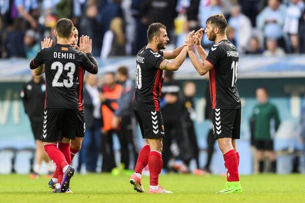 Fußball, CL Quali, Malmö FF - Vardar Skopje 170712 Vardars spelare jublar efter fotbollsmatchen i kvalet till Champions League mellan Malmö FF och Vardar den 12 juli 2017 i Malmö.  Copyright: AndersxBjurö ST170712AAB22