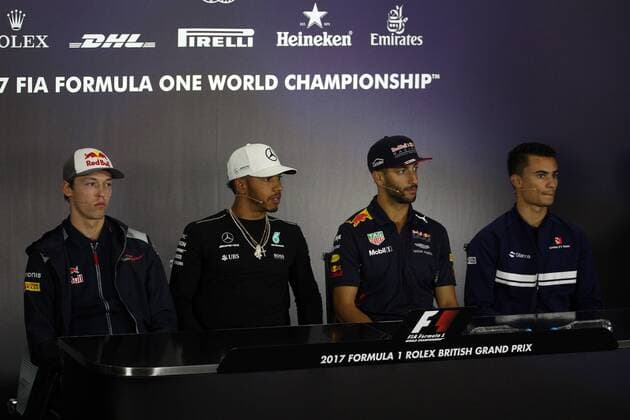 British Grand Prix, Silverstone 13 - 16 July 2017 13.07.2017 - press conference PK Pressekonferenz (L-R) Daniil Kvyat (RUS) Scuderia Toro Rosso STR12, Lewis Hamilton (GBR) Mercedes AMG F1 W08, Daniel Ricciardo (AUS) Red Bull Racing RB13 andpw 