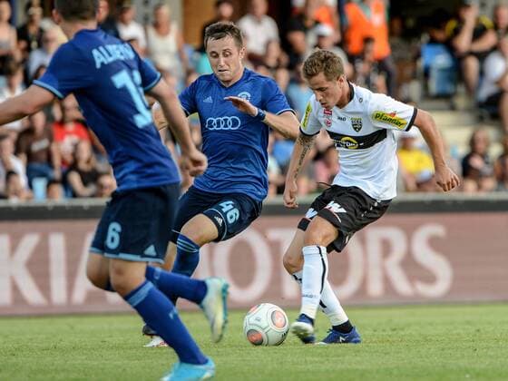 SOCCER - UEFA EL quali, Altach vs Brest ALTACH,AUSTRIA,13.JUL.17 - SOCCER - UEFA Europa League qualification, SCR Altach vs FK Dinamo Brest. Image shows Aleksei Legchilin (Brest) and Stefan Nutz (Altach). GEPAxpictures xOliverxLerch
