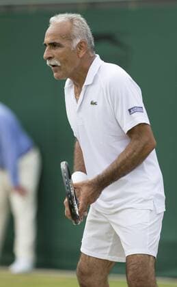 July 13th 2017, All England Lawn Tennis and Croquet Club, London, England; The Wimbledon Tennis Championships, Day 10; Monsour Bahrami (IRI) awaits a serve during his match with Michael Llordra (FRA) against Greg Rusedski (GBR) and Fabrice Santoro (FRA) xRolandxHarrisonx  ActionPlus11900834
