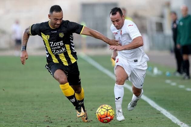 Michael Mifsud (R) of Valletta sprints away from the challenge of Sean Klaiber (L) of Utrecht during the UEFA Europa League second qualifying round, first leg soccer match between Valletta FC and FC Utrecht at the Hibernians Stadium, Paola on 13 July, 2017 Valletta FC v FC Utrecht VALL_UTR_2017